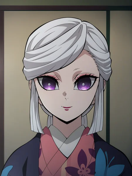 <lora:Amane_Ubuyashiki-Kimetsu_no_Yaiba:1>,amane,1girl,makeup,white hair,purple eyes,shiny skin, kimono,upper body, smile,indoors
