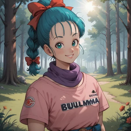 score_9, score_8, BREAK, solo, Bulma_(Dragon_Ball), blue hair, hair bow, braided ponytail, purple scarf, green eyes, cute girl, pink shirt, short sleeves, self portrait, smile, looking at viewer, outdoors, sunlight, shadows, evening lighting, natural lighting, forest, trees, grass, orange sky, sunset