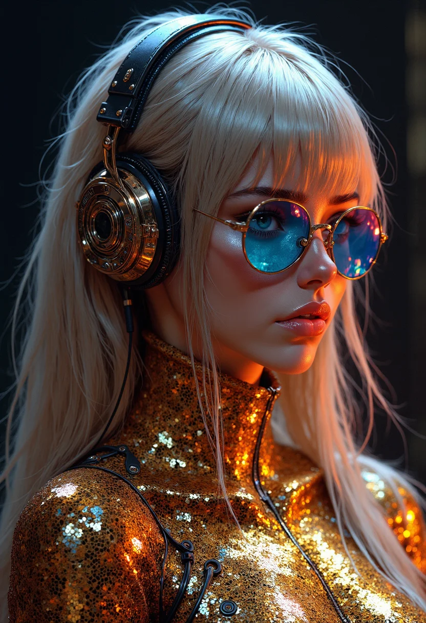 Photorealistic portrait of a stylish young woman wearing a futuristic golden sequined bodysuit that catches the light, creating a metallic, mirror-like effect. She has long, straight blonde hair with bangs framing her face, and is wearing large, reflective blue-tinted aviator sunglasses. Over her head, she wears oversized, high-tech headphones with metallic accents, giving a modern, cyber aesthetic. The background is a solid dark color, enhancing the glow and reflective quality of her outfit. Her expression is calm and confident, radiating a cool, futuristic vibe
<lora:FluxMythP0rtr4itStyle:0.6> mythp0rt <lora:FLUX-daubrez-DB4RZ-v2:0.3> DB4RZ, glow effects, godrays, Hand drawn, render, 8k, octane render, cinema 4d, blender, dark, atmospheric 4k ultra detailed, cinematic, Sharp focus, big depth of field, Masterpiece, colors, 3d octane render, 4k, concept art, trending on artstation, hyperrealistic, Vivid colors, extremely detailed CG unity 8k wallpaper, trending on CGSociety, Intricate, High Detail, dramatic <lora:anime_martzv2:1> ., intricate, detailed . magnificent, celestial, ethereal, painterly, epic, majestic, magical, fantasy art, cover art, dreamy . shallow depth of field, vignette, highly detailed, high budget, bokeh, cinemascope, moody, epic, gorgeous, film grain, grainy . award-winning, professional, highly detailed . faded film, desaturated, 35mm photo, grainy, vignette, vintage, Kodachrome, Lomography, stained, highly detailed, found footage