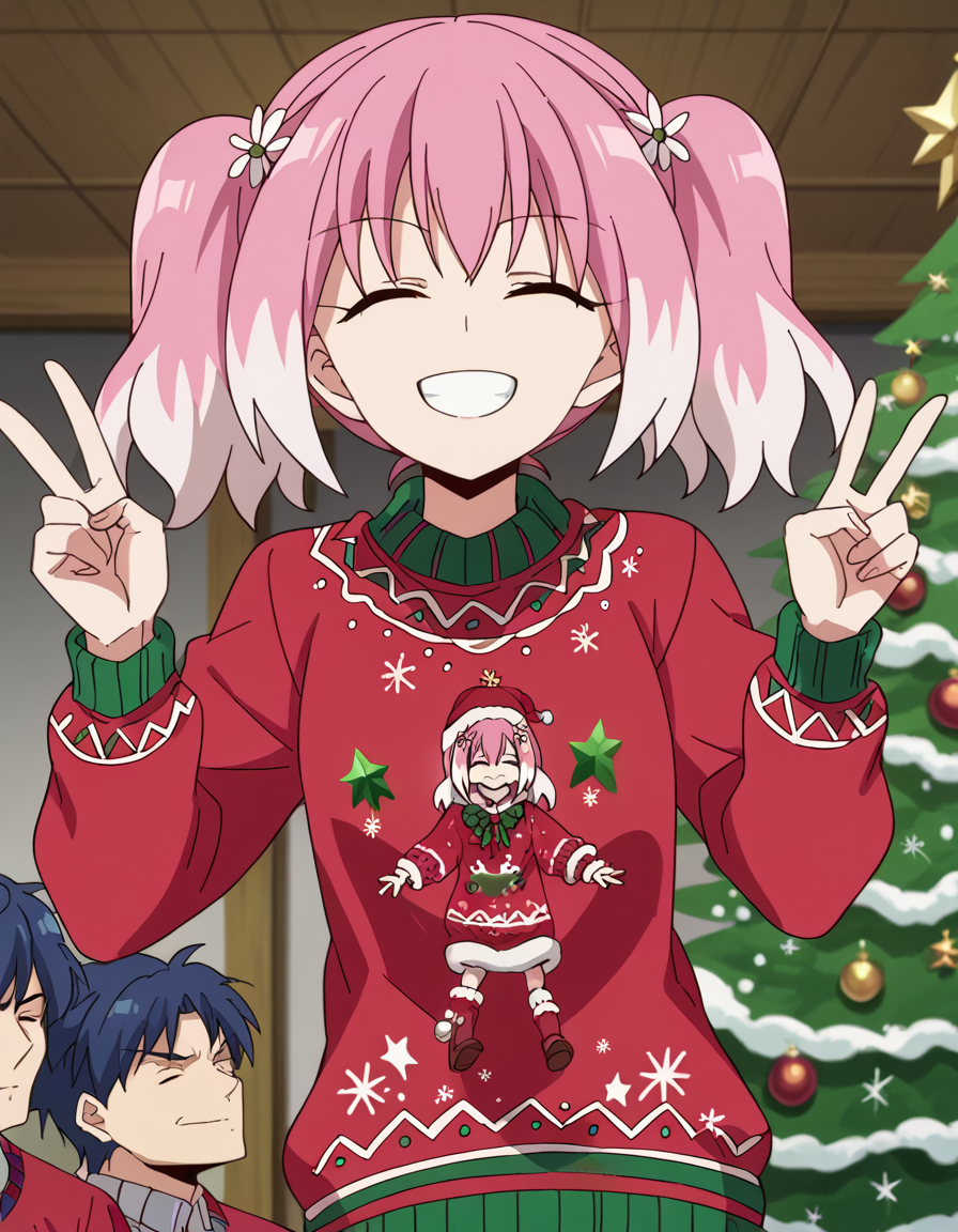 score_9, score_8_up, score_7_up, source_anime, <lora:nana-hiiragi-s1-ponyxl-lora-nochekaiser:1>, nana hiiragi, aqua eyes, twintails, pink hair, flower, white hair, multicolored hair, hair flower, two-tone hair, anime screencap, <lora:christmas-sweater-ponyxl-lora-nochekaiser:1>, christmas sweater, christmas, ugly sweater, print sweater, red sweater, christmas tree, christmas ornaments, sweater, multicolored sweater, , v, smile, hands up, teeth, closed eyes, cowboy shot,, , dutch angle, cowboy shot
