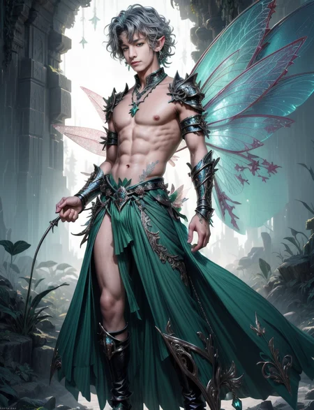 ((masterpiece)), (absurdres), ((best quality:1.2)), sharp focus, full body, head to toe, 1 young man, 22 years old, youthful appearance, male focus, dynamic pose, (he is a fairy:1.5), giant fairy wings made of jade, , silver colored hair, curly hair, EYESHD, necklace, ornate jade loincloth, defined body, thin waist, looking at camera, shiney jade armor, detailed background junkyard, expansive background, a fantasy jade forest with crystal jade stone walkway, (absurdres) , <lora:more_details:0.5>, <lora:wrenchftmfshn>,<lora:add-detailxl:0.8>, <lora:Eyes_High_Definition-000007>, <lora:bulge:1>, <lora:lightup_brightness_v200:1> , <lora:Obsidian_Jade_Style:1>, <lora:liquidpearlXL_r1:1>