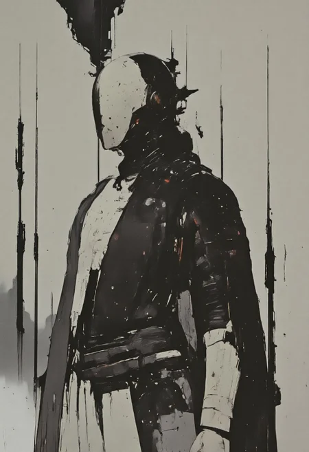 A full-body dramatic photograph of a girl with a sharp black French bob, set against a cyberpunk-inspired backdrop where a group of black metal rods stand rigidly perpendicular to the floor. She wears minimalistic urban military-style clothing crafted from dark grey technical fabrics, each layer exhibiting subtle texture variations. A small fabric label stitched onto her attire reads "Vans" in precise, small-point text, emphasizing the meticulous craftsmanship. Captured from a low angle with an f/5.6 aperture, the shot enhances the intricate details of her outfit, drawing attention to the sleek yet tactical design. Her hands are clad in simple white cotton winter gloves, a stark contrast to the monochromatic tones of her ensemble, adding a striking visual element. The background is a smooth gradient of grey, seamlessly merging with the fabric hues, while the black metal rods introduce a structured, industrial aesthetic. Studio lighting casts soft, even illumination across the scene, accentuating the refined composition with a polished, futuristic edge.