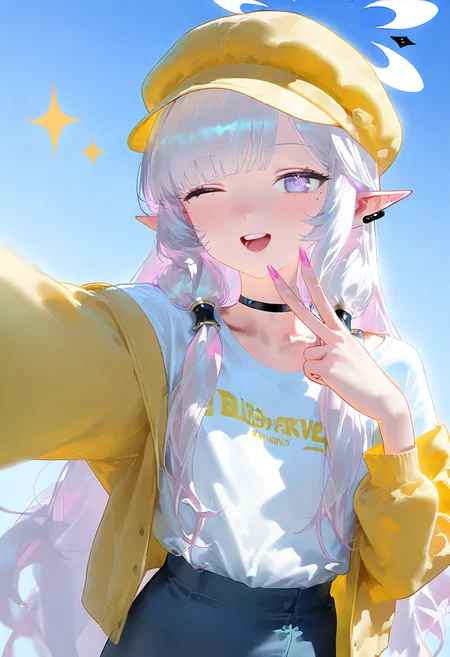 1girl, himari \(blue archive\), blue archive, alternate costume, blue nails, blue skirt, collarbone, fingernails, hat, heart, jacket, long hair, long sleeves, looking at viewer, mole, mole under eye, nail polish, one eye closed, open mouth, pointy ears, purple eyes, purple nails, selfie, sidelocks, skirt, smile, solo, sparkle, v, white hair, yellow hat, yellow jacket, white shirt, pink nails, shirt tucked in, standing, blunt bangs, blue background, choker, black choker, hair tubes, cabbie hat, shirt, casual, clothes writing, multicolored nails, halo, long fingernails, very long hair, ;d, earclip <lora:nyaliaXLillokrV531-000119:0.95>