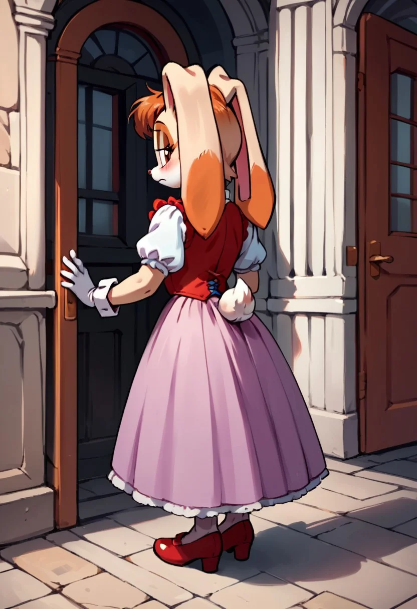 score_9, score_8_up, score_7_up, score_6_up, score_5_up, score_4_up, source_furry, style_cartoon, VanillaTheRabbit, Vanilla The Rabbit, 1girl, solo, full body focus, anthropomorphic rabbit, Victorian outfit, red vest, white blouse, puffed sleeves, blue ribbon, lavender skirt, white hemline, red shoes, gold accents, white gloves, light brown hair, bangs, very large ears, looking from behind, embarrassed facial expression