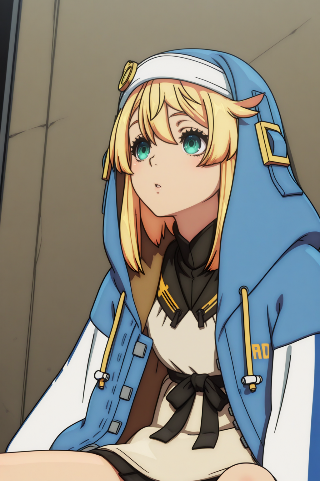 anime style, anime coloring,  Bridget, otoko no ko, Leaning against a wall with legs slightly apart <lora:Guilty_Gear_Strive_-_Dual_Rulers_-_Bridget_-_illustrious:0.8>