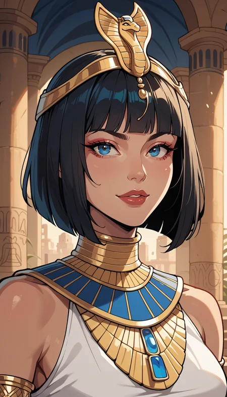 score_9, score_8_up, score_7_up, Western Comics, Portrait, girl, egyptian queen, cute, seductive, innocent, light smile:0.3, plump lips, slender body, black hair, bob cut, perfect make-up, intricate jewelry, golden headdress, captured in a walls adorned with hieroglyphics, depth of field, dynamic angle, fashion photography, sharp, hyperdetailed:1.15