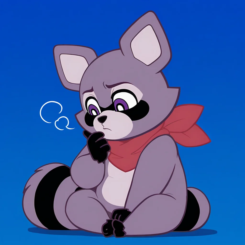 <lora:Rambley_Raccoon_-_Illustrious:1> Rambley, red neckerchief, 1boy, sitting, on floor, blue background, dithered background, red background, thinking, looking down, masterpiece, masterwork,