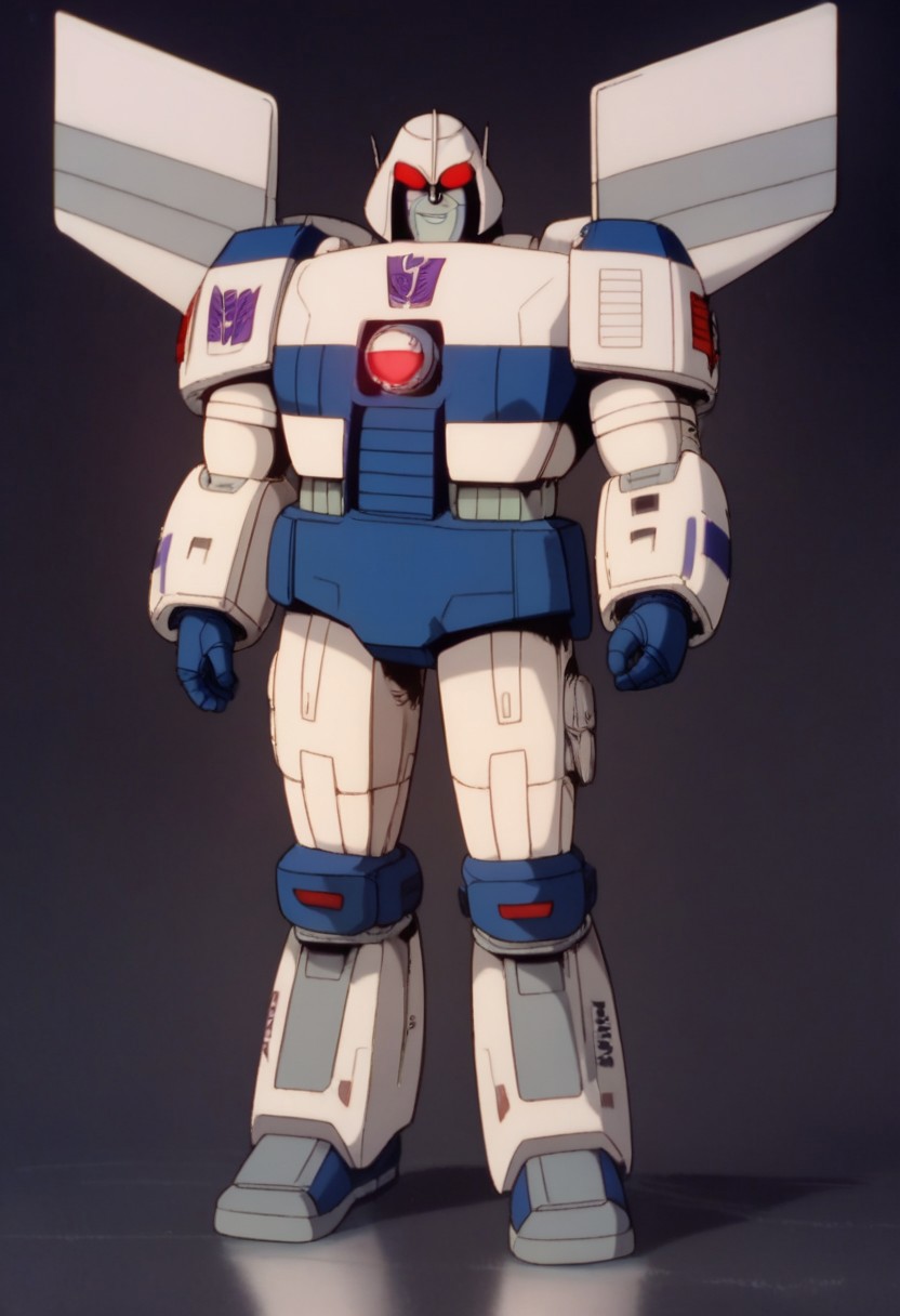score_9, score_8_up, score_7_up, animation, transformers, 1boy, robot, Decepticon, Tall, bulky, Seeker, glowing eyes, red eyes, large eyes, circular eyes, Black and navy blue armor, Forard swept wings, transforms into an F-35 Lightning II Stealth Fighter Jet, , full body, cowboy shot, smiling, holding null ray blasters, Decepticon Symbol