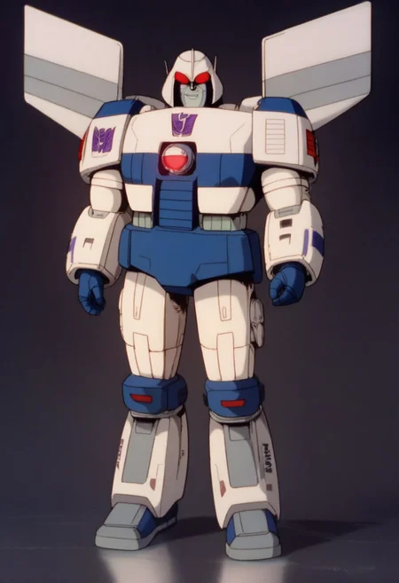score_9, score_8_up, score_7_up, animation, transformers, 1boy, robot, Decepticon, Tall, bulky, Seeker, glowing eyes, red eyes, large eyes, circular eyes, Black and navy blue armor, Forard swept wings, transforms into an F-35 Lightning II Stealth Fighter Jet, , full body, cowboy shot, smiling, holding null ray blasters, Decepticon Symbol