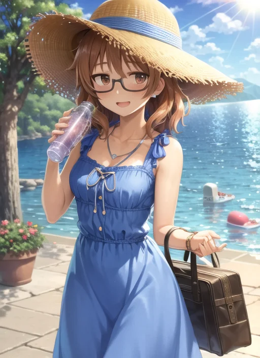 masterpiece, best quality, ultra-detailed, illustration,<lora:araki_hina_v10:1>, araki_hina, 1girl, glasses, hat, solo, brown eyes, dress, jewelry, brown hair, bag, short hair, necklace, smile, day, open mouth, looking at viewer, sky, sun hat, outdoors, blush, cloud, water bottle, ocean, bottle, water, blue dress, handbag, ribbon, black-framed eyewear, collarbone