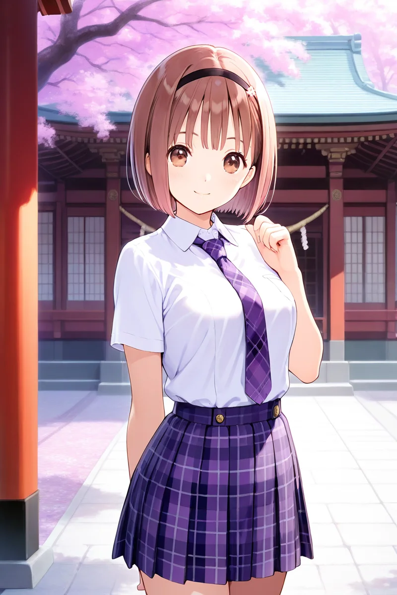 <lora:Hoshizaki_Ao_Blue_Reflection_Illus:1>1girl, solo, looking at viewer, short hair, skirt, japanese temple, sakura petal, sakura tree, center of attention, brown hair, brown eyes, school uniform, standing, cowboy shot, pleated skirt, hairband, purple tartan necktie, plaid, plaid skirt, bob cut, Hoshizaki Ao, white shirt, short sleeves, school uniform outfit, sexy pose, sexy smile, hairband, headband,