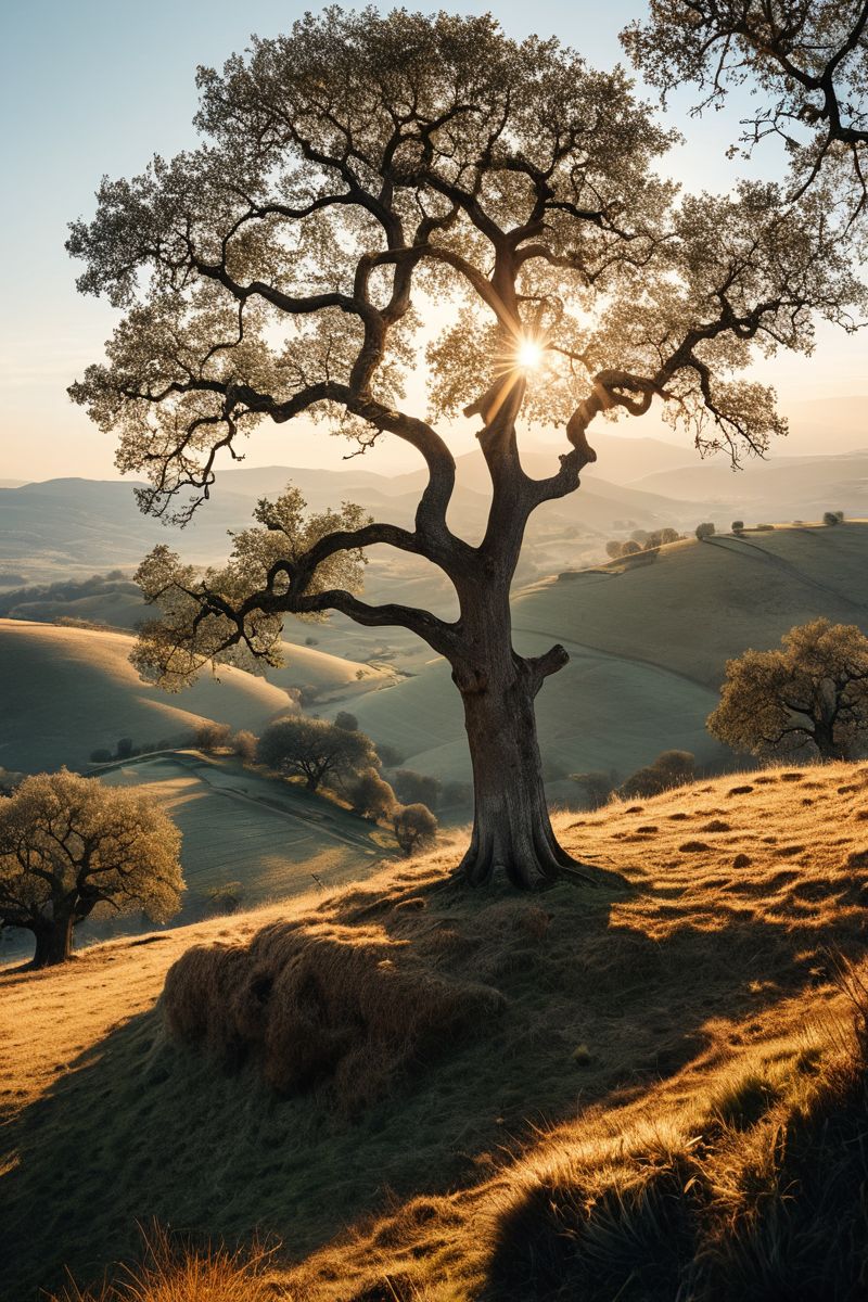 (((a peaceful hilltop with a single, ancient oak tree overlooking the valley below.))), Soft Beige, Cozy Comfort: warm lighting, beige tones, soft focus, cozy ambiance, comforting elements, gentle textures, tranquil look, cozy atmosphere, comforting aesthetics, capturing emotions, serene scenes, artistic feel, storytelling through textures, professional technique, gentle light manipulation, cozy concept, comforting styling, tranquil environment, surreal aesthetics, captivating narratives, intricate details, cozy landscape, editorial storytelling, warm glows, evoking comfort, pushing creative vision <lora:add-detail-xl:2> <lora:Cosine_freck:1>