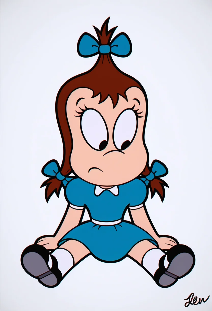 masterpiece, best quality, amazing quality, very aesthetic, absurdres, newest, impactful picture, (toon \(style\):1.5), (flat color:1.5), (SimplePositiveXLv2:1.1), (ImgFixerPre0.3:1.1), (AissistXLv2:1.1), <lora:add_details_xl:1>, <lora:illustriousXLv01_stabilizer_v1.121:0.5>,
BREAK
<lora:Audrey_Smith_IL-07:1>,audrey smith, 1girl, solo, dress, sitting, hair bow, bow, brown hair, twintails, socks, (white background:1.5), (simple background:1.5),