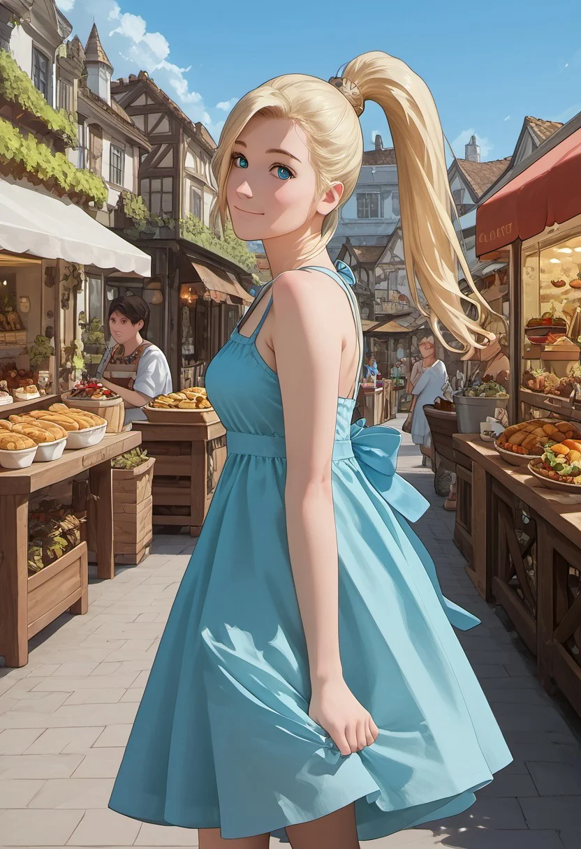 1girl, solo, score_9_up, score_8_up, score_7_up, score_6_up, cute face, detailed and beautiful face, detailed and beautiful eyes, cute girl, inoYamanakaPDXL, blonde, ponytail, blue eyes, medium breasts, sundress, walking in a marketplace, many food stalls, looking at the viewer, detailed, intricate details, realistic, FaceDetail, stunning, masterpiece, side view, smiling, closed mouth,