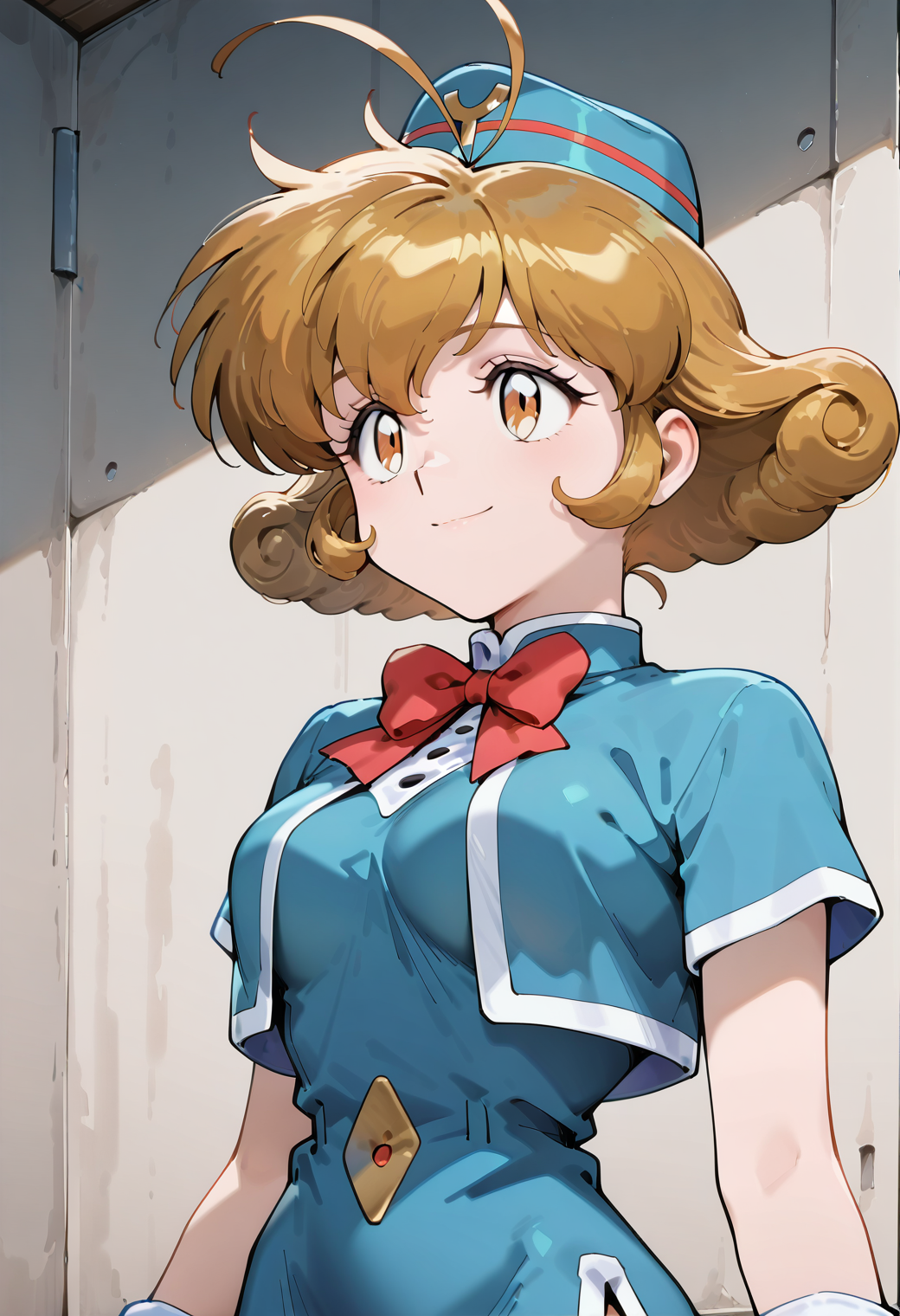 masterpiece, best quality, very aesthetic, absurdres, 1girl, solo, 1990s \(style\), 
<lora:yat_uniform-illustrious_v02:0.8>, yat_uniform, garrison cap, blue cropped jacket, blue dress, short sleeves, red bow, bowtie, gloves, white gloves, pencil skirt, side slit,
<lora:kasuga_yui_v04:1.0>, kasuga_yui, brown hair, short hair, antenna hair, curly hair, smile, posing, upper body