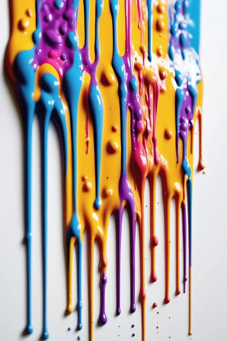 <lora:Dripping Art:1>Dripping Art - A high angle shot of an AI drip art piece, showing vibrant colors trickling down the canvas. The drips create a visually compelling pattern against a white background. The image is brightly lit to highlight the contrast of colors. The camera used is a DSLR with a standard lens, the shot level is high