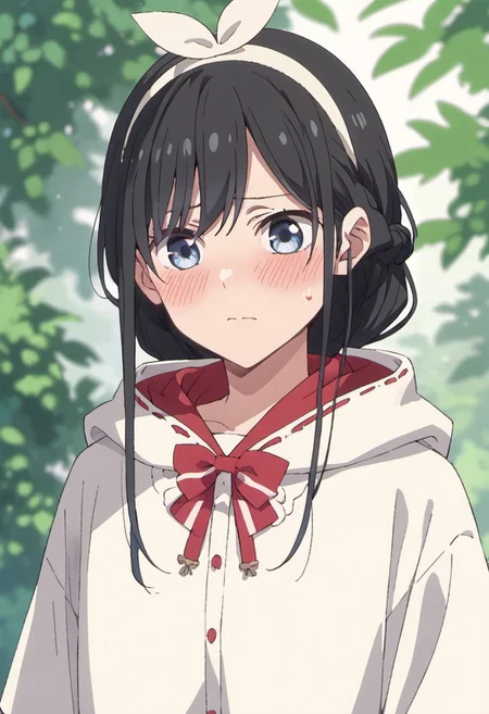 score_9, score_8_up, score_7_up, source_anime,nanakura rin, black hair, blue eyes, long hair, 1girl, solo, blush, white hairband, braid, upper body, bow, closed mouth, sweatdrop, hood, hairband