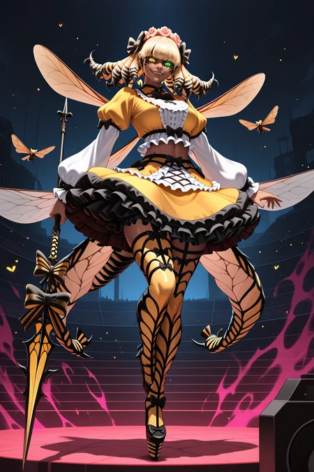 masterpiece, best quality, amazing quality, absurdres, honeyblovely, anthropoid girl, drill hair, blonde hair, heterochromia, green eye, yellow eye, yellow dress, midriff, yellow skirt, high heels, dark skin, dark-skinned female, floating, flying, solo, evil smile, glowing eyes, dark aura, shaded face, holding spear, looking at viewer, medium breasts, outdoors, stage, dark atmosphere, dark lighting