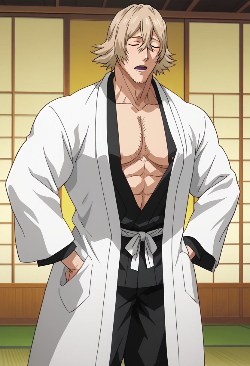 score_9, score_8_up, rating_nsfw, ultra hd, absurdres, best quality, ultra quality, masterpiece, masculine, solo, 1boy, male focus, best anatomy, best eyes, best hands, sexiest man alive, erotic, gay porn, hand with five fingers, mature male, anime screencap
BleachUrahara, blonde hair, stubble, white coat, haori, japanese clothes, anime screencap, chest hair, Japanese temple background, hands on hip, Expressiveh, open eyes, nipples