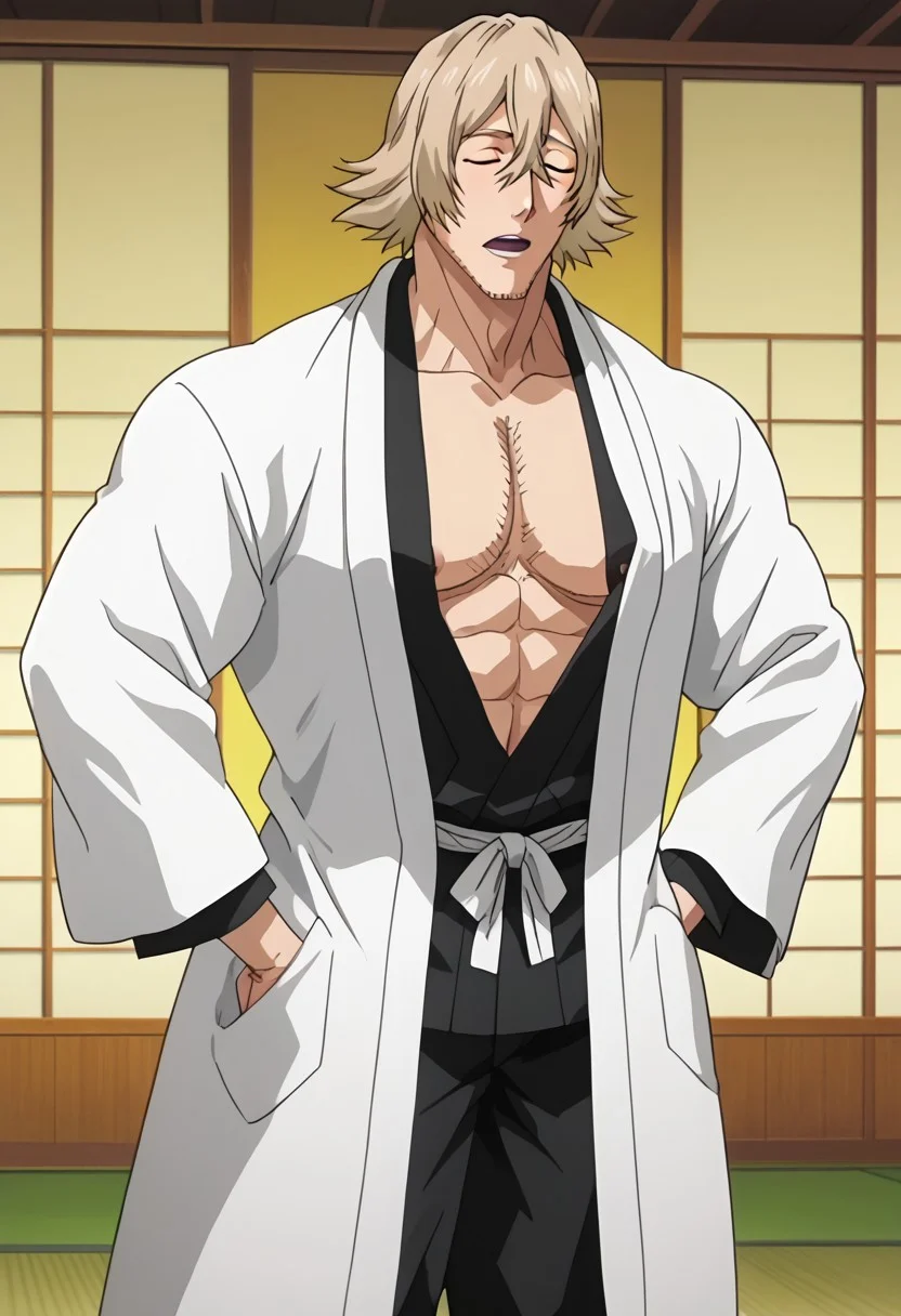 score_9, score_8_up, rating_nsfw, ultra hd, absurdres, best quality, ultra quality, masterpiece, masculine, solo, 1boy, male focus, best anatomy, best eyes, best hands, sexiest man alive, erotic, gay porn, hand with five fingers, mature male, anime screencap
BleachUrahara, blonde hair, stubble, white coat, haori, japanese clothes, anime screencap, chest hair, Japanese temple background, hands on hip, Expressiveh, open eyes, nipples