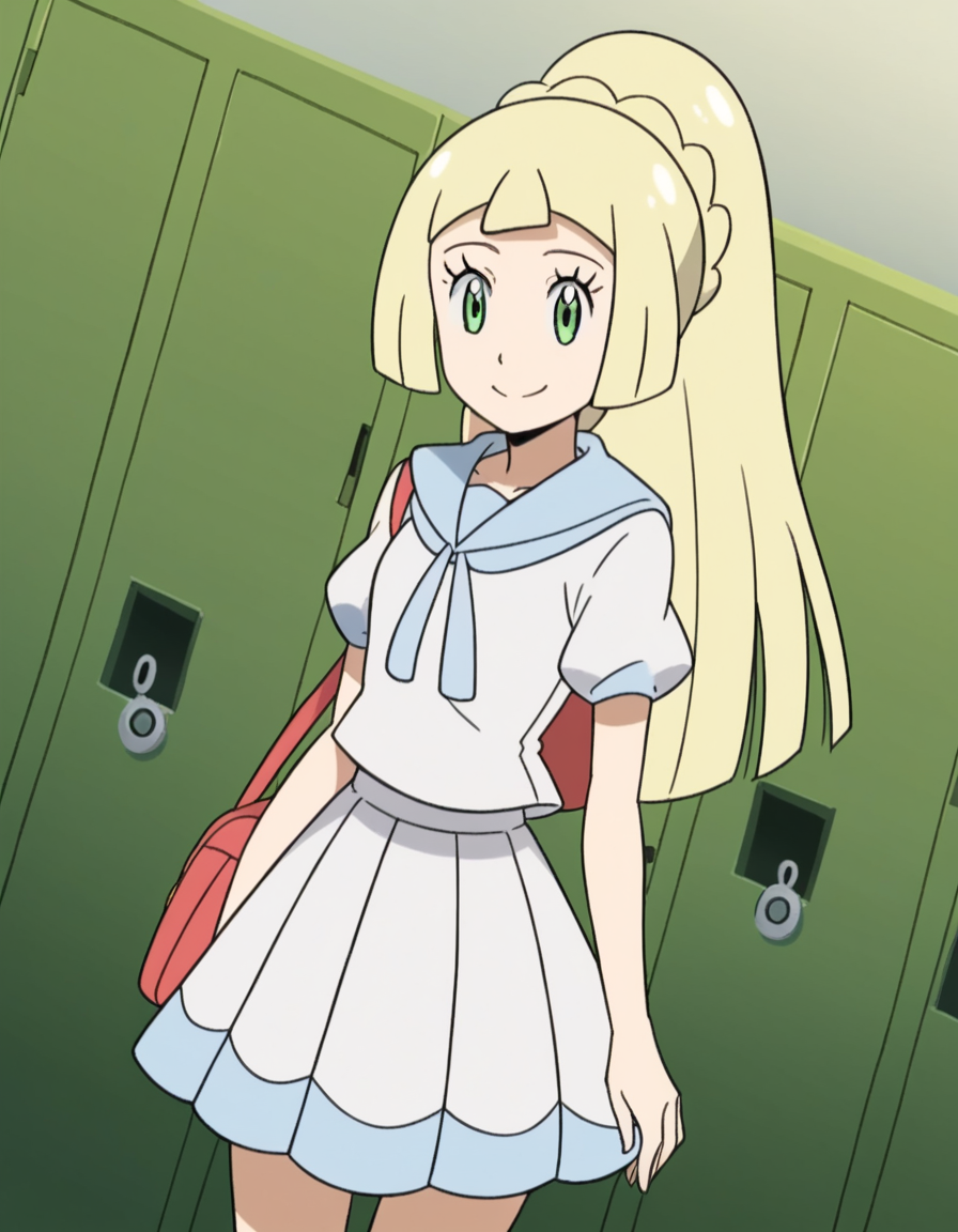 score_9, score_8_up, score_7_up, source_anime, <lora:pokemon-lilie-anime-ponyxl-lora-nochekaiser:1>, lillie \(pokemon\), blonde hair, blunt bangs, green eyes, long hair,, braid, french braid, high ponytail, miniskirt, pleated skirt, sailor collar, shirt, short sleeves, skirt, white shirt, white skirt,, school hallway, lockers, between classes, everyday life, smile, looking at viewer, solo,, cowboy shot, dutch angle