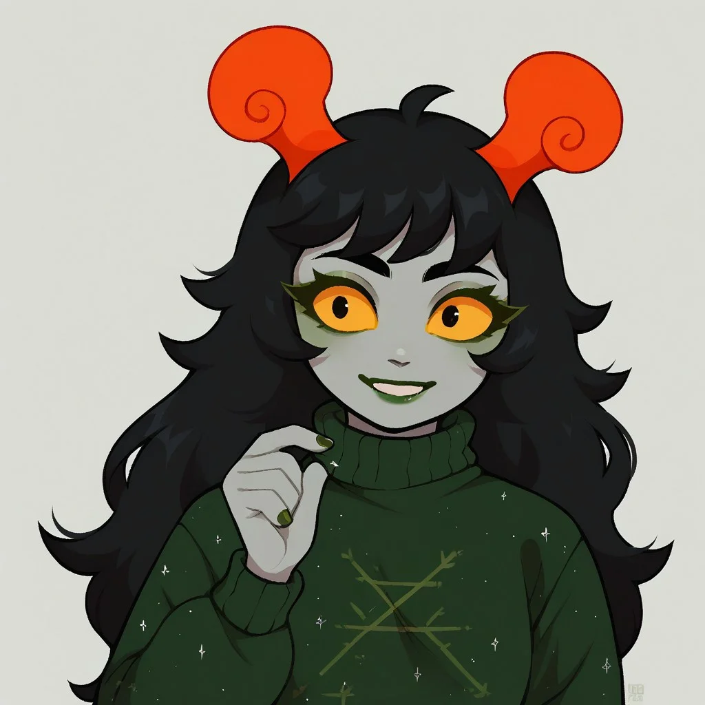 score_9, score_8_up, score_7_up,
BREAK,
1girl, yellow sclera, solo, black hair, smile, colored skin, colored sclera, long hair, horns, upper body, green skin, grey skin, hand up, sweater, long sleeves,