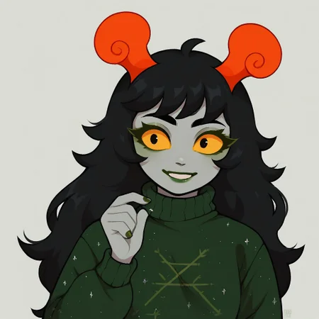 score_9, score_8_up, score_7_up,
BREAK,
1girl, yellow sclera, solo, black hair, smile, colored skin, colored sclera, long hair, horns, upper body, green skin, grey skin, hand up, sweater, long sleeves,