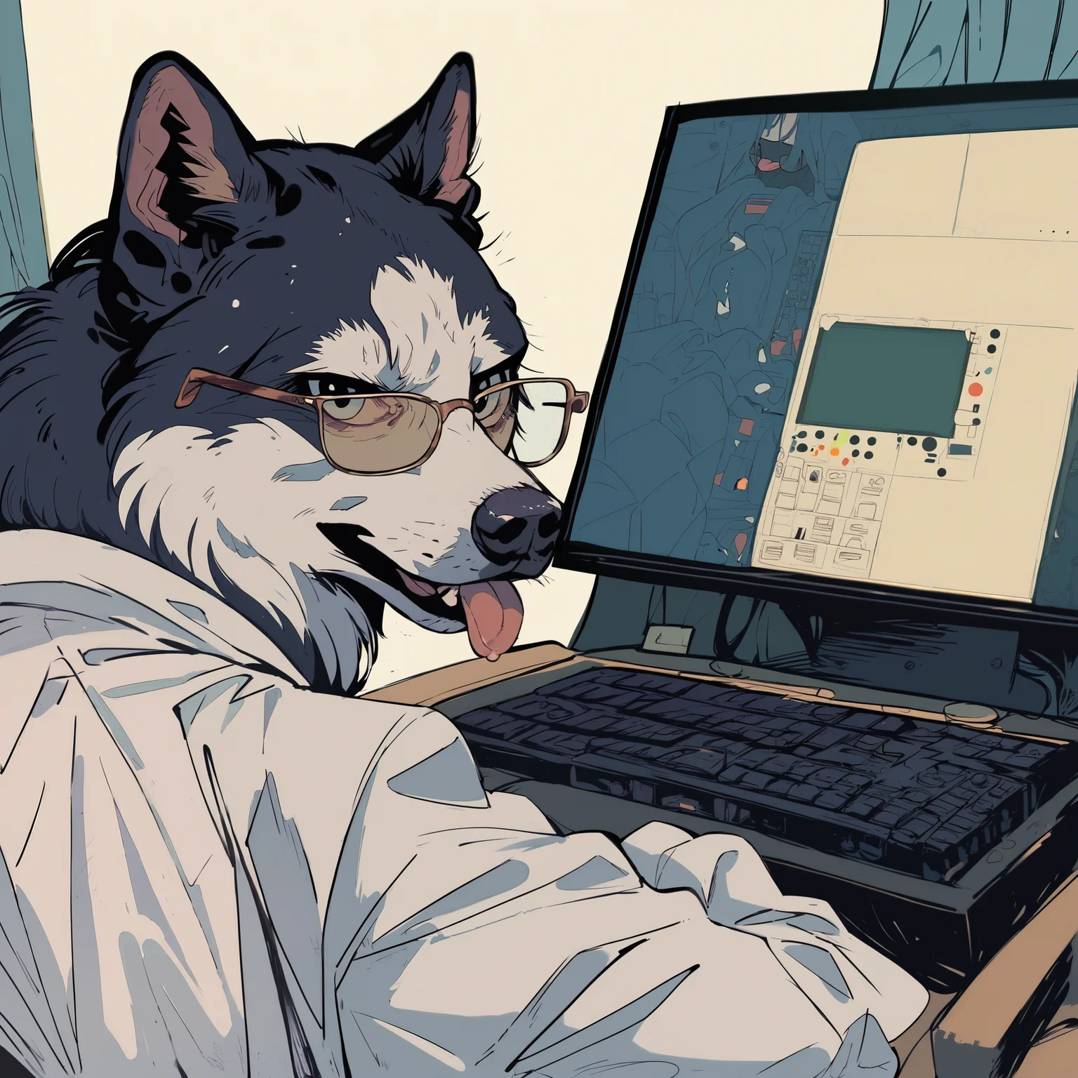 score_9, score_8_up, score_7_up, score_6_up, score_5_up, score_4_up, (masterpiece, best quality, high quality, highres, ultra-detailed), no humans, dog, upper body, realistic, siberian husky, black fur, tongue out, lab coat, thick glasses, sitting, all fours, on chair, facing viewer, looking at viewer, sinozick style, flat colors, <lora:Sinozick_Style_XL_Pony:1> <lora:kesokeso_v0.5-pony:1> <lora:c0mpXLP:0.8> c0mp, indoors, chair, computer, monitor, desk, from behind, keyboard (computer),