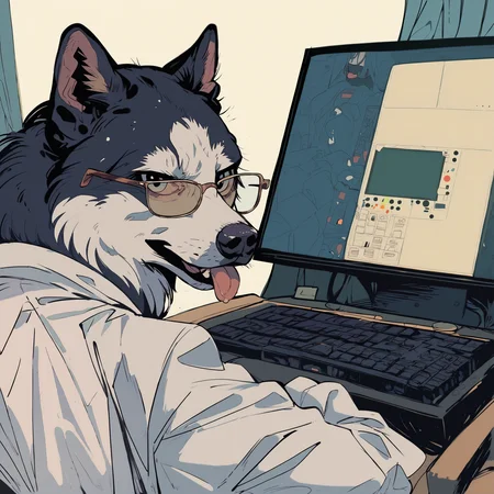 score_9, score_8_up, score_7_up, score_6_up, score_5_up, score_4_up, (masterpiece, best quality, high quality, highres, ultra-detailed), no humans, dog, upper body, realistic, siberian husky, black fur, tongue out, lab coat, thick glasses, sitting, all fours, on chair, facing viewer, looking at viewer, sinozick style, flat colors, <lora:Sinozick_Style_XL_Pony:1> <lora:kesokeso_v0.5-pony:1> <lora:c0mpXLP:0.8> c0mp, indoors, chair, computer, monitor, desk, from behind, keyboard (computer),