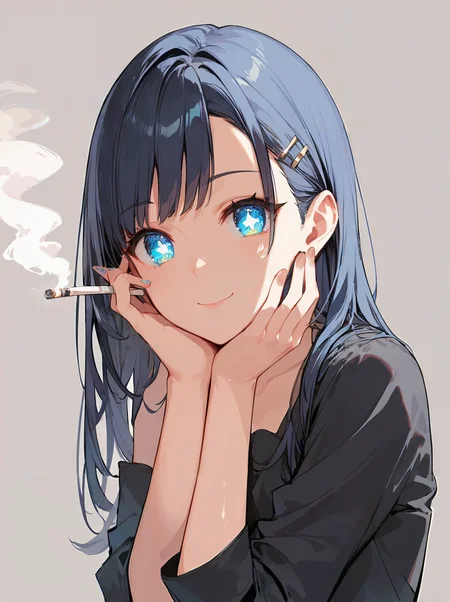 score_9, score_8_up, score_7_up,source_anime, high res image,masterpiece,best quality,(woman:1.0),cute face,clear skin,shiny hair,ultra detailed eyes,simple background, <lora:smoking_pony_V1.0:0.8> smoking, holding cigarette, smoke ,smile,hands on face