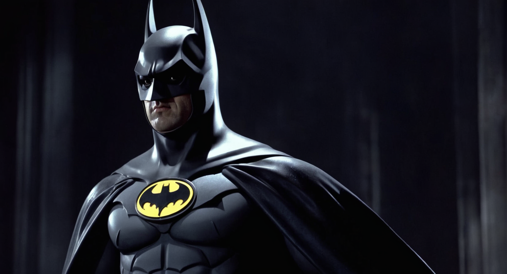 concept art of  Cinematic Film stock footage in (arri alexa style) Kodak film print,    <lora:batman 1989:1> batman 1989 a close up of a batman with a dark background, digital artwork, illustrative, painterly, matte painting, highly detailed
