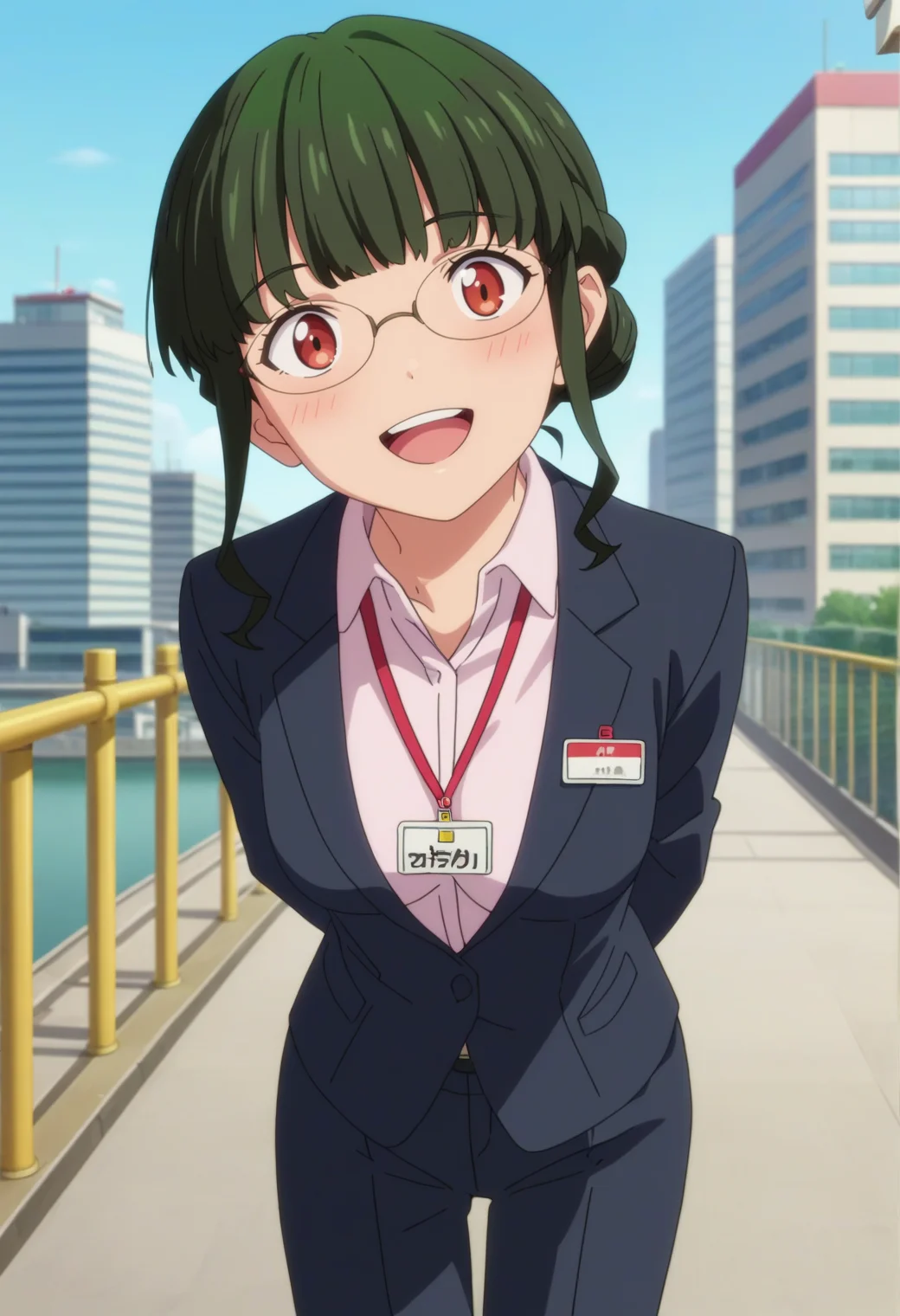 score_9, score_8_up, score_7_up, anime screencap, source_anime, 1girl, solo,
<lora:Anosillus_SSSS.Dynazenon_V2:.85>, KJOanosillus, green hair, red eyes, sidelocks, single hair bun, blunt bangs,
suit, pants, white collared shirt, id tag, glasses, shirt tucked in,
looking at viewer, arms behind back, leaning forward, head tilt, open mouth, blush, smile,
outside, bridge, city in background,
(Beautiful, medium Breasts:1.2), natural breasts,