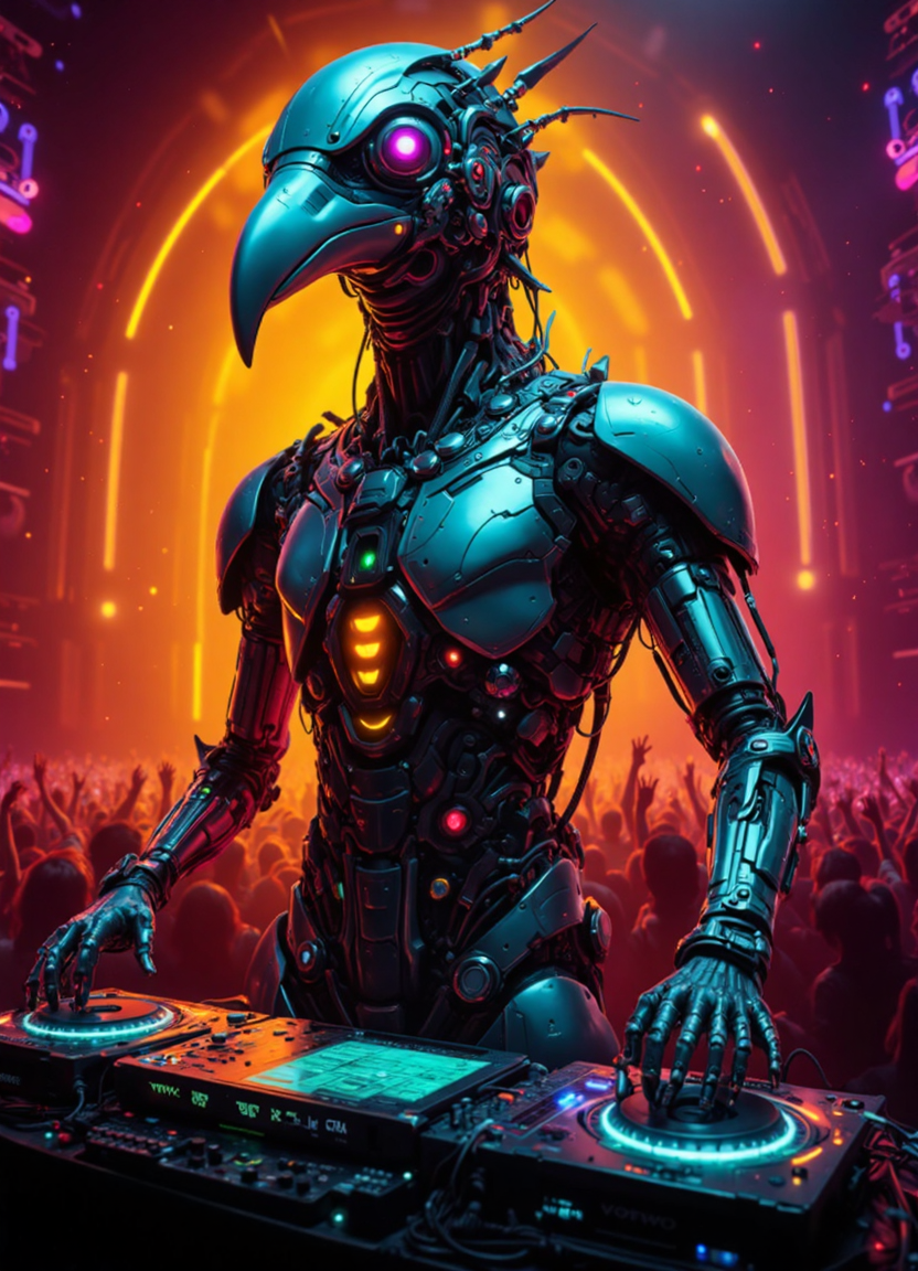 vaporwave style a futuristic cybernetic bird-like creature, its body composed of sleek metallic components and glowing neon accents, as it takes center stage at an electronic dance music concert.
The creature stands tall on two legs, its head tilted back in rhythm with the pulsating beats emanating from the DJ booth. Its sharp beak is open wide, emitting a series of chirps that harmonize with the music, while its wings are folded against its back, adding to its imposing yet elegant presence.
In the background, a sea of concertgoers dance and sway to the infectious rhythms, their faces aglow with excitement as they bask in the electrifying energy of the performance. The atmosphere is one of unbridled joy and liberation, as if the very music itself has transformed this venue into a sacred temple of sonic worship.
The DJ booth, situated at the center of the image, pulses with an otherworldly glow, its sleek lines and futuristic design evoking a sense of cutting-edge technology. The equipment is a blur of color and light, as if it's alive and responding to the creature's every move.
 . retro aesthetic, cyberpunk, vibrant, neon colors, vintage 80s and 90s style, highly detailed