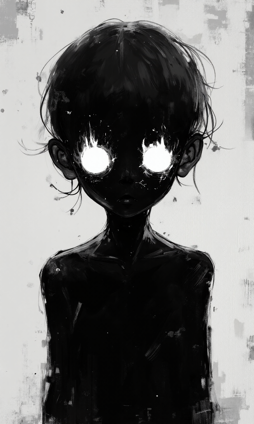A close-up view, from the chest up, of a stylized figure, rendered in a dark and moody painterly style using grayscale.  The figure appears to be a young person with short, dark hair that frames the face. The face is almost entirely obscured by shadow, only the eyes are visible. The eyes are depicted as bright white circles, and they contain smaller shapes suggesting flames or bright light, giving them an unsettling or supernatural quality. The figure's body is primarily black, a simple silhouette, without any defining clothing or accessories. The body pose is slightly hunched forward. The figure's shoulders are slightly rounded, and the head is tilted down, conveying a sense of unease or introversion. The shapes are simple and somewhat abstract.  The hair is loosely rendered, and the figure's body is a solid, dark shape.  The white eyes are circular and starkly contrasting with the dark body. The background is a light gray, almost white, with a textured appearance, suggesting a rough or aged surface.  The lighting is minimal, primarily focused on the eyes, creating a dramatic high-contrast effect and emphasizing the mysterious and haunting nature of the figure., <lora:FLUX-daubrez-DB4RZ-v2:0.5> DB4RZ, DB4RZ style painting
<lora:realcartoon3d-flux_v2:0.5> realcartoon
