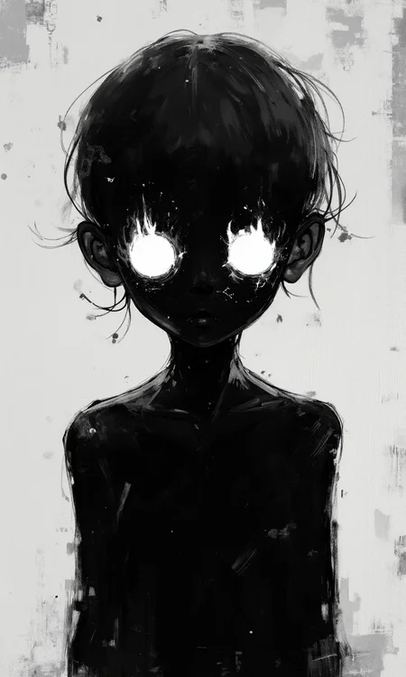 A close-up view, from the chest up, of a stylized figure, rendered in a dark and moody painterly style using grayscale. The figure appears to be a young person with short, dark hair that frames the face. The face is almost entirely obscured by shadow, only the eyes are visible. The eyes are depicted as bright white circles, and they contain smaller shapes suggesting flames or bright light, giving them an unsettling or supernatural quality. The figure's body is primarily black, a simple silhouette, without any defining clothing or accessories. The body pose is slightly hunched forward. The figure's shoulders are slightly rounded, and the head is tilted down, conveying a sense of unease or introversion. The shapes are simple and somewhat abstract. The hair is loosely rendered, and the figure's body is a solid, dark shape. The white eyes are circular and starkly contrasting with the dark body. The background is a light gray, almost white, with a textured appearance, suggesting a rough or aged surface. The lighting is minimal, primarily focused on the eyes, creating a dramatic high-contrast effect and emphasizing the mysterious and haunting nature of the figure., <lora:FLUX-daubrez-DB4RZ-v2:0.5> DB4RZ, DB4RZ style painting
<lora:realcartoon3d-flux_v2:0.5> realcartoon