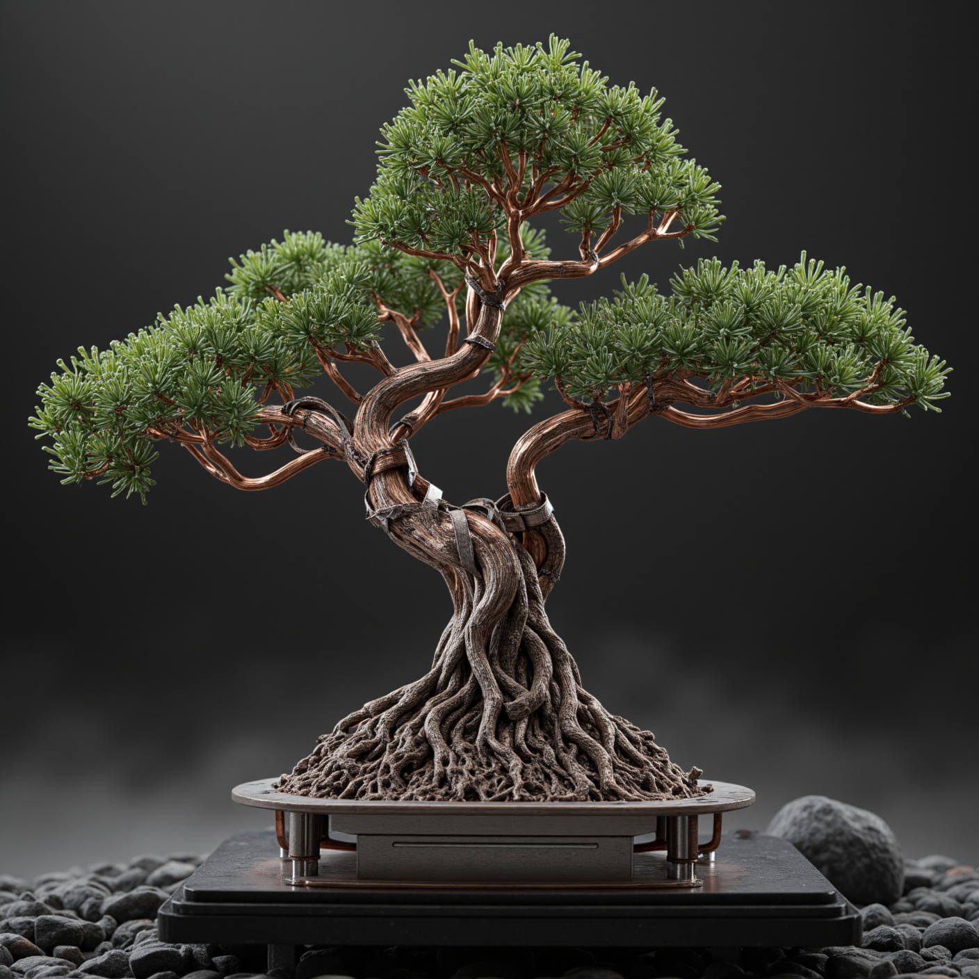 a highly detailed mechanical bonsai tree on a black pedestal, branches made of segmented brass and brushed copper tubes, leaves replaced by fine titanium mesh panels shaped into natural foliage silhouettes, trunk composed of intertwined steel cables and gear-wrapped rods, visible micro-actuators along each branch for movement, roots embedded into a steel and carbon fiber baseplate with glowing sensor rings, background is a minimalist stone garden with mist, photoreal, extreme attention to metal texture and scale  








mg-mk.1