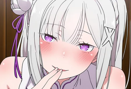 masterpiece, best quality, high resolution, source_anime, highly detailed illustration, detailed eyes,
very aesthetic, absurdres, newest, amazing quality, anime coloring, anime screencap,
1girl, solo,
<lora:shiEmiliaV12ill:1> shimilia, long hair, grey hair, purple eyes, pointy ears, crown braid, hair flower, hair ribbon, purple ribbon, x hair ornament, white dress, bare shoulders, cleavage,close-up, portrait,
<lora:shiSeduciveFingerV1ill:1.0> shisedupose, fingers to mouth, fingers to lips, looking at viewer, smile, blush, open mouth, blush, seductive smile, leaning forward,