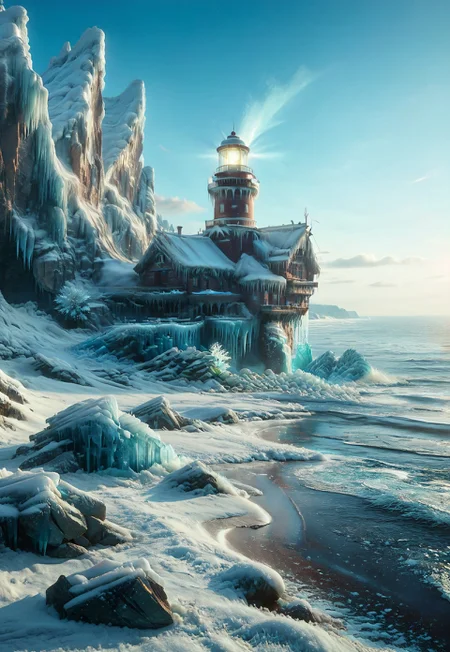 fr0stwrld, snow, ice, zPDXL, frozen lighthouse, small rocky island, frozen ocean waves, faint sunlight, national geographic, photography, (score_9, score_8_up, score_7_up, score_6_up, score_5_up, score_4_up, high res, realistic, 4k),