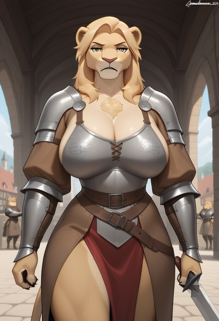 (anthro lion),
masterpiece, best quality, amazing quality,
female, big chest, medieval setting, wearing plate mail armor, holding a sword, determined expression,
(anthro:1.5),
 <lora:Eleptors_Anthro_Furry_Lora_Pony_V2:1>