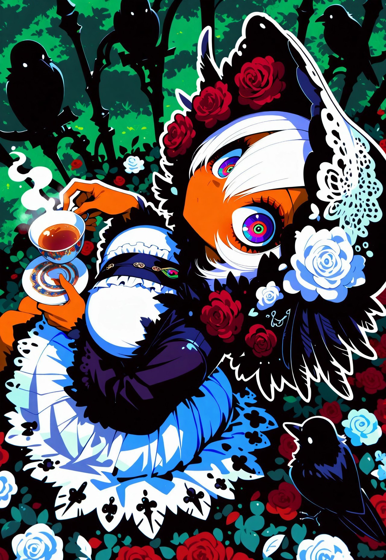 safe_pos, score_9, score_8_up, score_7_up, 1 girl, beautiful monster girls, crow monster girl, solo, ((short stack)), garden background, white rose garden, gothic city, white body color, brown skin, monstrous head shape, feathers, feather hair, long white skirt, surrounded by white flowers, red roses, frilly white dress, form fitting white dress, extremely detailed, tiny crow, surrounded by crows, sitting back, reclining, big eyes, wearing hood, holding teacup, steam from teacup, perfect hands, big breasts, bust shot, shadows, looking at viewer, close up, from above, large eyes, cute pose, abstract
masterpiece ,amazing quality, intricate details , sometyome_illu ,xxx667_illu , reij-incs, silhouette character, white outline,