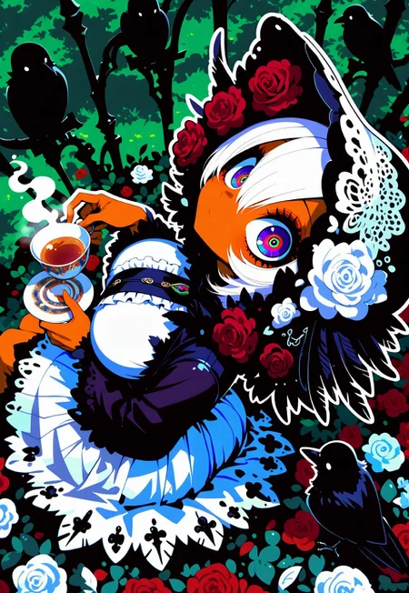 safe_pos, score_9, score_8_up, score_7_up, 1 girl, beautiful monster girls, crow monster girl, solo, ((short stack)), garden background, white rose garden, gothic city, white body color, brown skin, monstrous head shape, feathers, feather hair, long white skirt, surrounded by white flowers, red roses, frilly white dress, form fitting white dress, extremely detailed, tiny crow, surrounded by crows, sitting back, reclining, big eyes, wearing hood, holding teacup, steam from teacup, perfect hands, big breasts, bust shot, shadows, looking at viewer, close up, from above, large eyes, cute pose, abstract
masterpiece ,amazing quality, intricate details , sometyome_illu ,xxx667_illu , reij-incs, silhouette character, white outline,