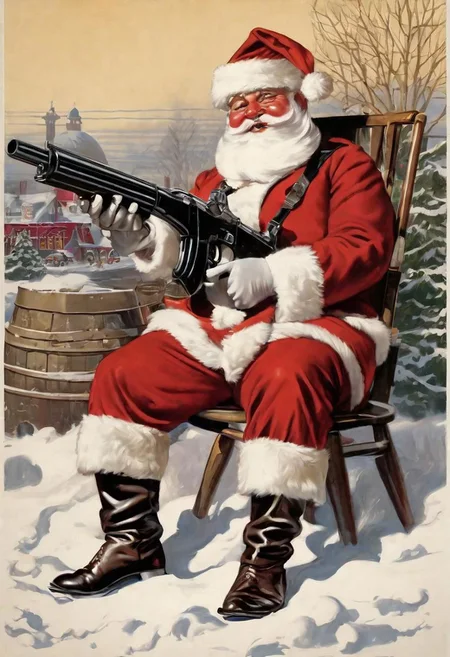 (masterpiece: 1.2), best quality, Santa as gangster poses with a Thomsan machine gun, Chicago, Prohibition in the United States, bootlegging, Merry Christmas