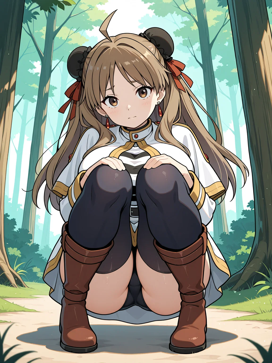 masterpiece, best quality, amazing quality
(solo:1.4), Renka_IL, brown eyes, long brown hair, ahoge, double bun, bun cover, hair ribbon, large breasts, Renka earrings, BREAK, frieren (cosplay:1.5)
full body, outdoors, forest, trees
<lora:Renka_IL:0.5>