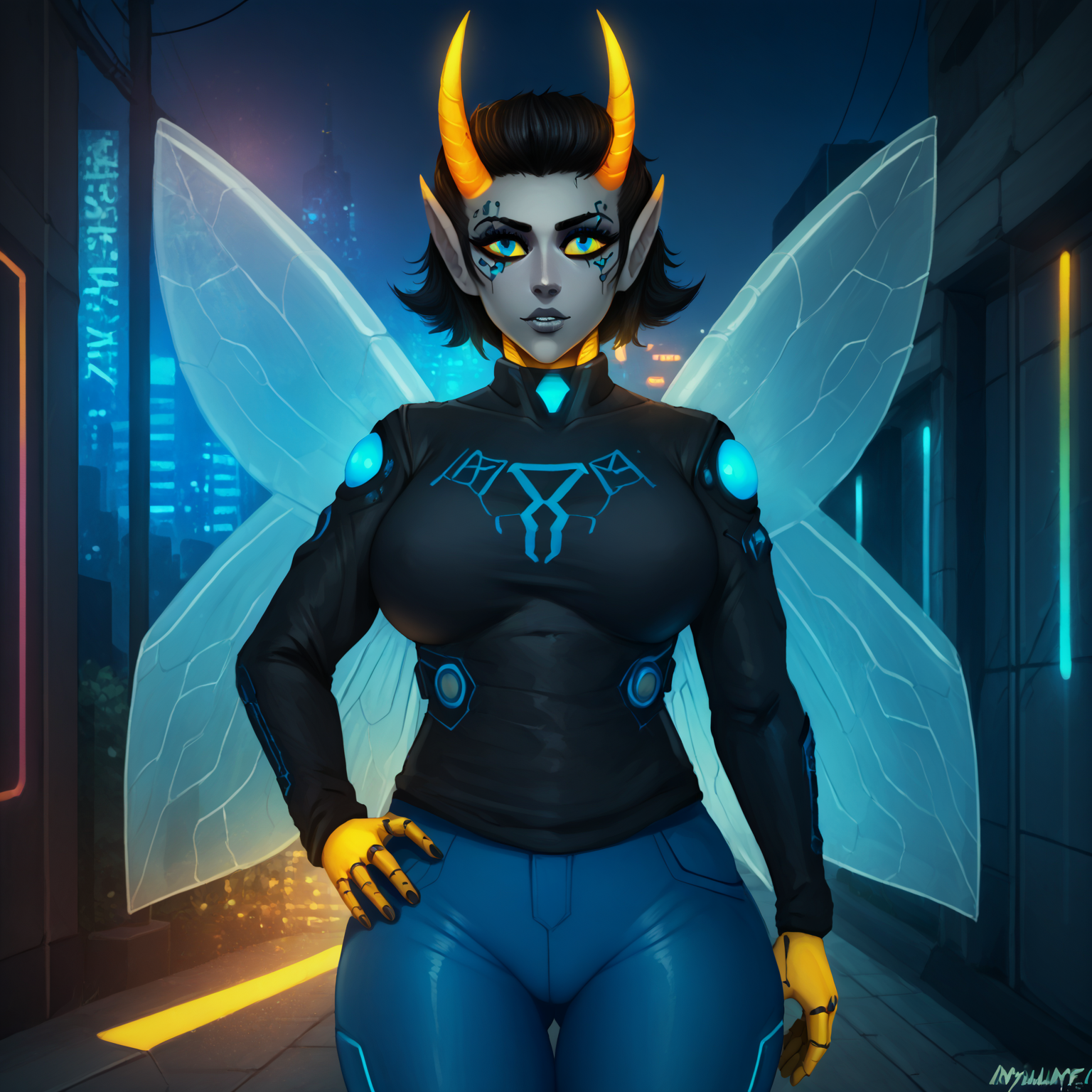 score_9, score_8_up, score_7_up, HD, best quality, masterpiece, 1girl, solo, Nyuunzi, solo, 1girl, muscah black hair, short hair, horns, antennae horns, pointy ears, grey skin, yellow sclera, blue eyes, insect wings, large breasts, black sweater, symbol on sweater, fly \(symbol\), blue pants, tight pants, cyberpunk, neon lights, glow, blue tone, sci fi, tech, city, street, night