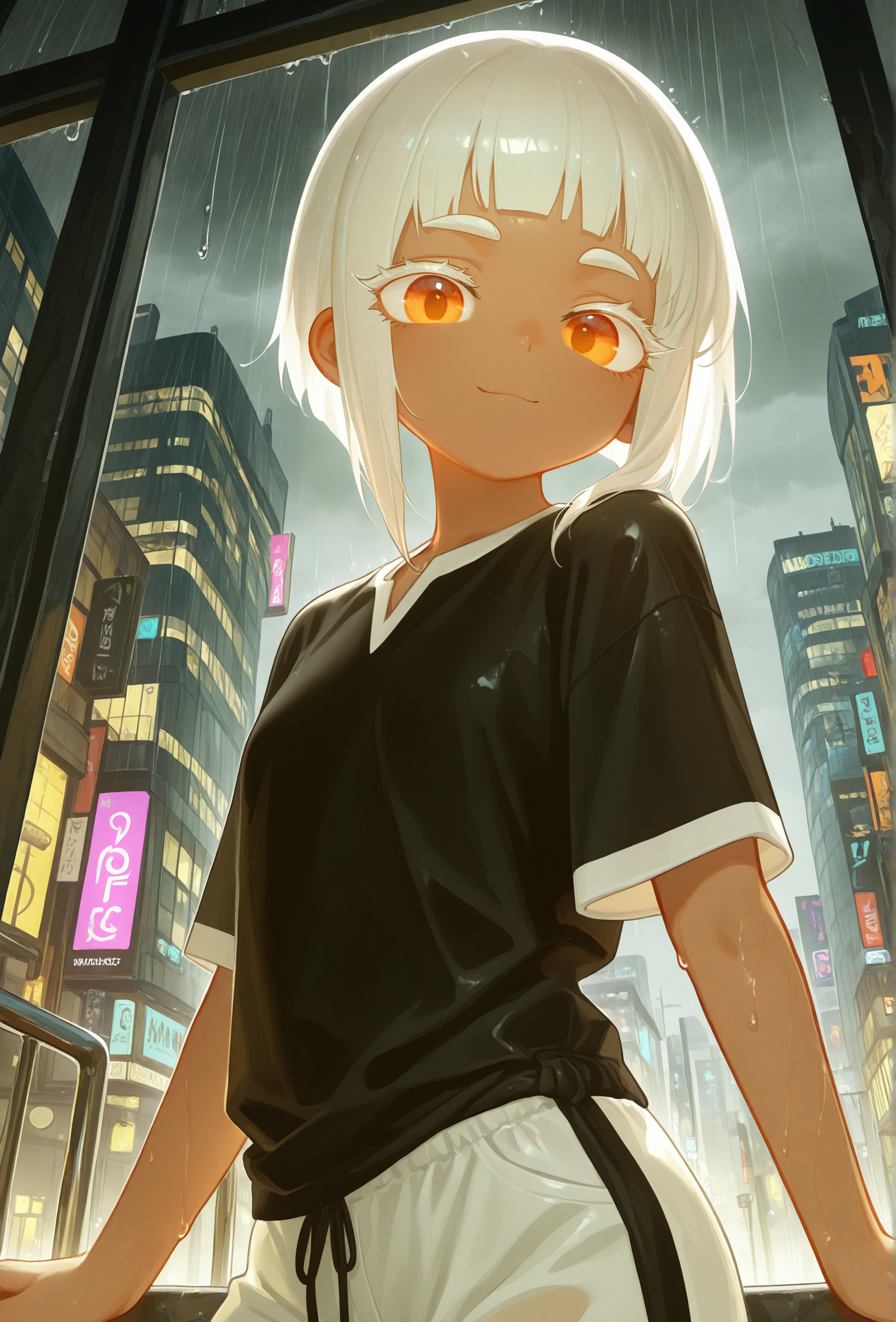 masterpiece,best quality,amazing quality, <lora:antifreez3_style_illustrious_v1f:1> afz3style, 1girl, solo, white hair, inverted bob, sidelocks, white eyebrows, white eyelashes, long eyelashes, orange eyes, dark skin, dark-skinned female, looking at viewer, smile BREAK
black shirt, white shorts, white trim, black trim, city, overcast, night, depth of field, rain, wet