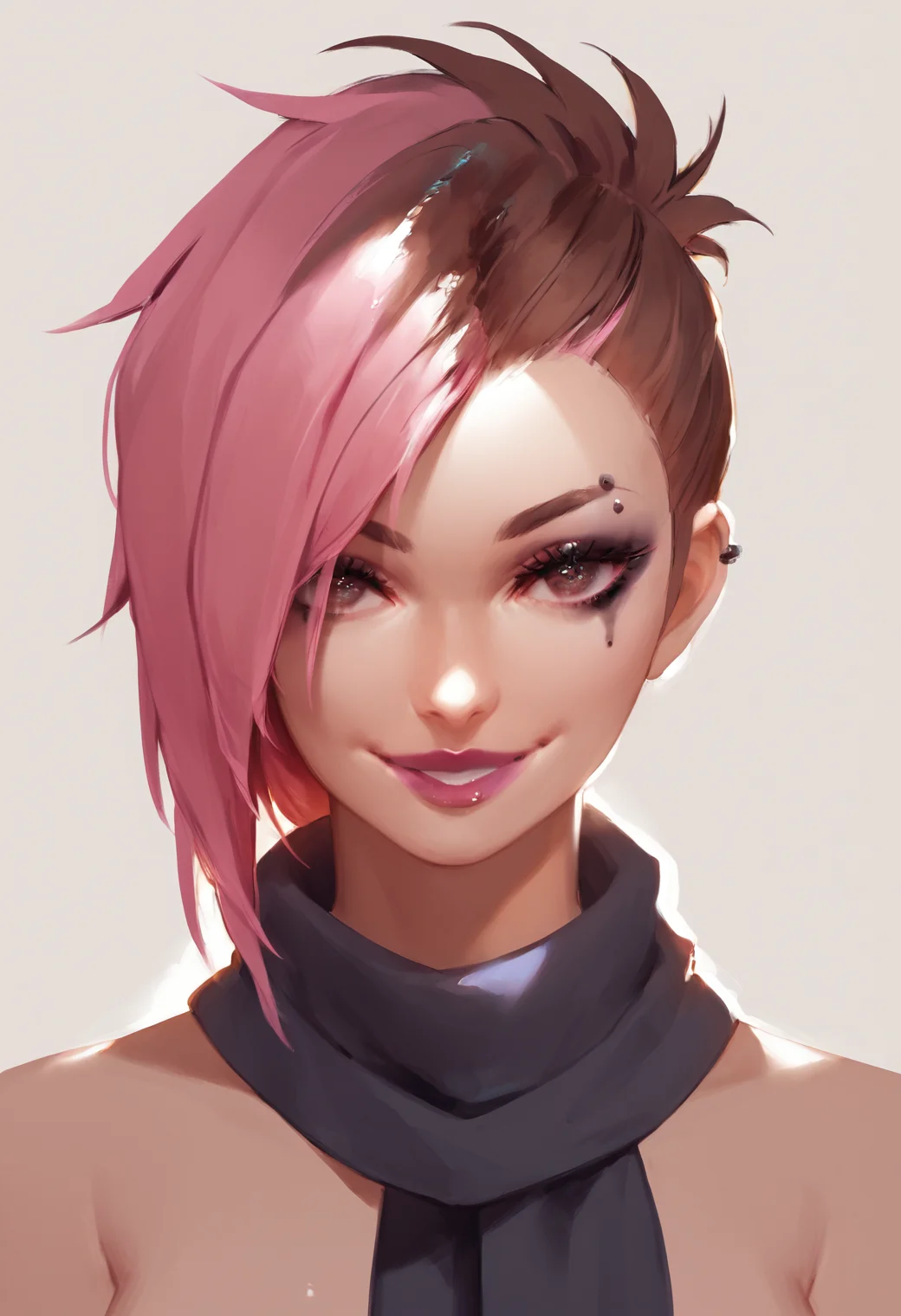 1girl, stunning beauty, soft light, dark colors, simple background, Looking at viewer, beautiful eyes, beautiful face, happy mood, glowing lips, pink hair, light smile, makeup, beautiful makeup, glowing pink lips, punk, goth, scarf, beautiful hair, brown hair,<lora:HU_DAKO:1.15>, BREAK (score_9, score_8_up, score_7_up),