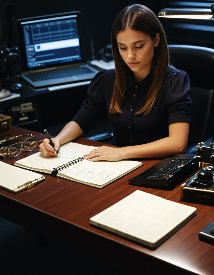 cinematic still desk, notebook, 1girl . emotional, harmonious, vignette, 4k epic detailed, shot on kodak, 35mm photo, sharp focus, high budget, cinemascope, moody, epic, gorgeous, film grain, grainy, desk, notebook, 1girl, very coherent, cinematic, composition, detailed, sharp focus, perfect intricate, fine detail, clear, aesthetic, highly educated, deep color, futuristic, rational, artistic, professional, extremely beautiful, dramatic light, real, rich colors, best, true, shining, elegant, luxurious, epic, full, complex, brilliant, colorful