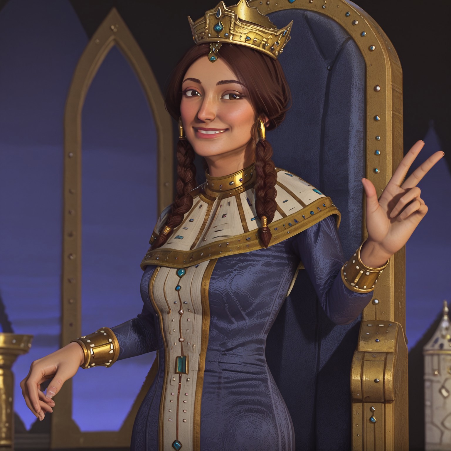 1girl, solo, tamar, blue and white dress, gold trim, gold jewelry, gold crown, brown hair, brown eyes, braid, twintails, dark-skinned female, smile greeting, castle throne room
