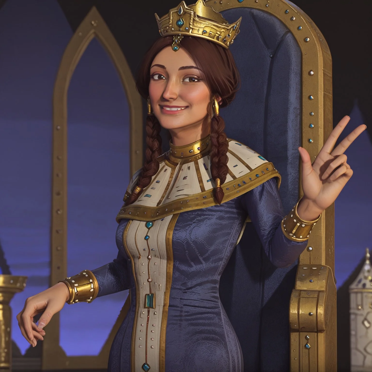 1girl, solo, tamar, blue and white dress, gold trim, gold jewelry, gold crown, brown hair, brown eyes, braid, twintails, dark-skinned female, smile greeting, castle throne room
