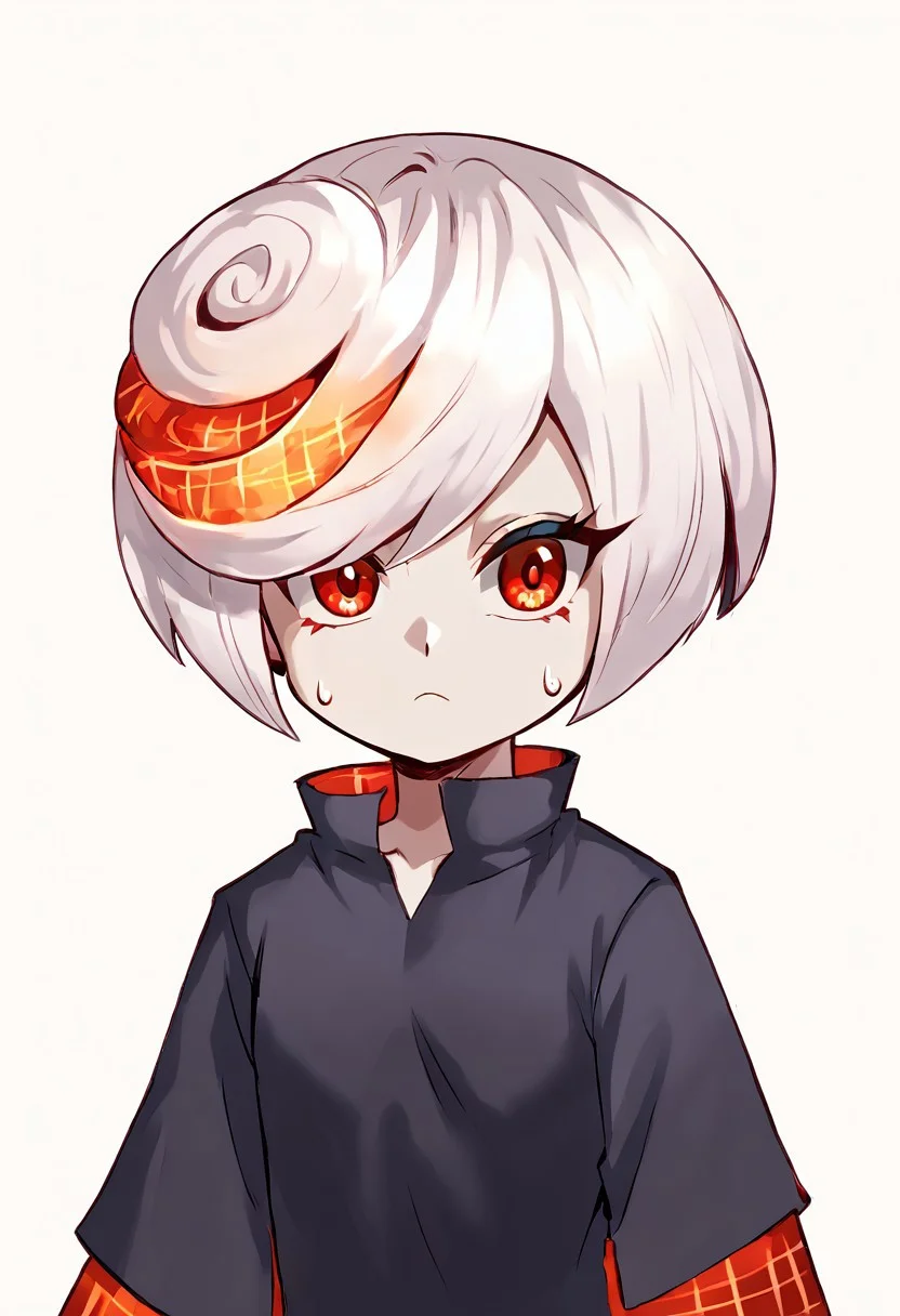 score_9, score_8_up, score_7_up, source_anime, sage, sage (sonic), small breasts, short, adorable, black dress, cold expression, red eyes, looking at viewer, white hair, adorable, cute, short stacked, big eyes, smaller body, large head, artist: sunnysundown, sunnysundown, sundown, blank background, white background,